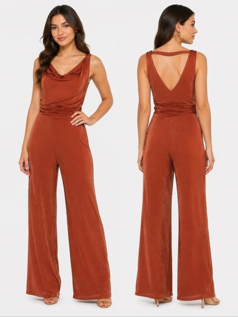 Anthropologie Maeve‎ NWT Metallic Jumpsuit Burnt Orange Draped Neck Wide Leg S